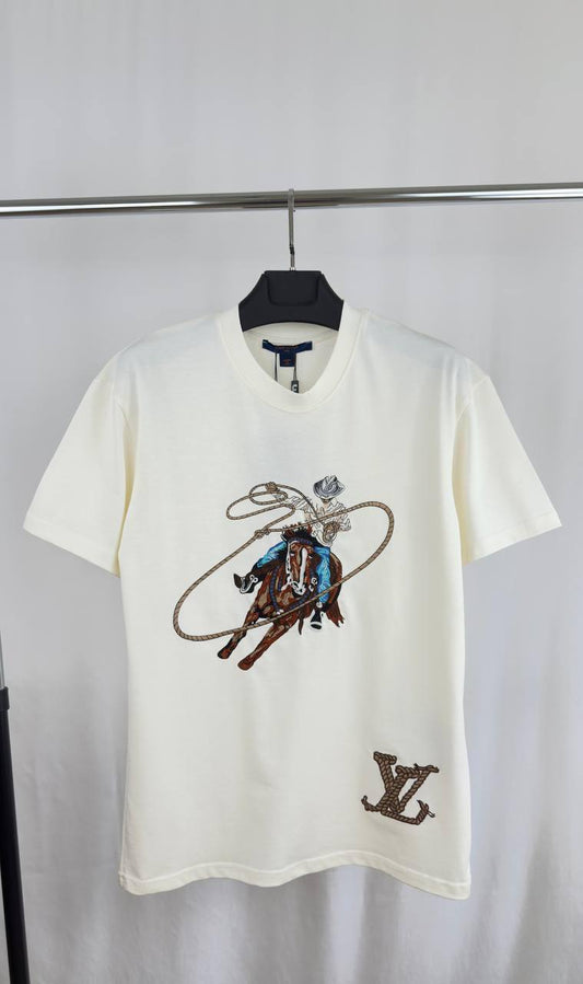 Louis Vuitton Graphic Cowboy Motif Embroidered Cotton T-Shirt in 2 Colors Men's Women's Reps UK Best Quality Replica