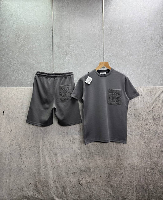 Loewe Relaxed Fit Anagram Embroidery Pocket Short Sleeve T-Shirts & Shorts Set in Grey Color Men's Reps Sale UK Best Quality AAA Replica