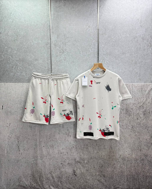 Off White Distressed Paint Splatter Men's T-Shirts & Shorts Set in 2 Colors Reps Sale UK Best Quality Sale AAA Replica