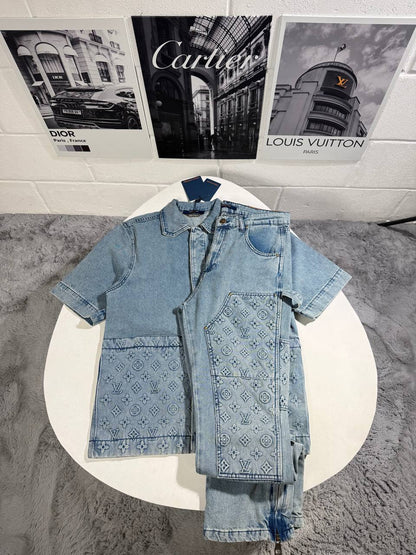 Louis Vuitton Short Sleeve Denim Brand Logo Tracksuit Men's in Blue Color Reps Sale UK Best Quality AAA Replica