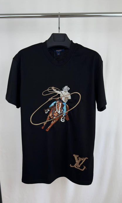 Louis Vuitton Graphic Cowboy Motif Embroidered Cotton T-Shirt in 2 Colors Men's Women's Reps UK Best Quality Replica