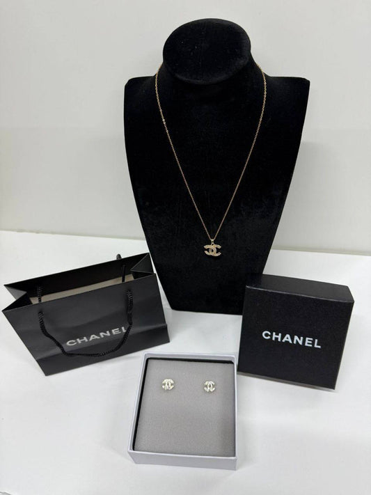 Chanel Classic CC Crystal Necklace & Stud Earrings Silver Women's Reps Sale UK Best Quality AAA Replica
