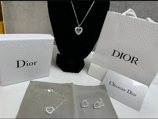 Christian Dior Crystal Heart Necklace, Earrings & Bracelet Set Women's Reps Sale UK Best Quality AAA Replica