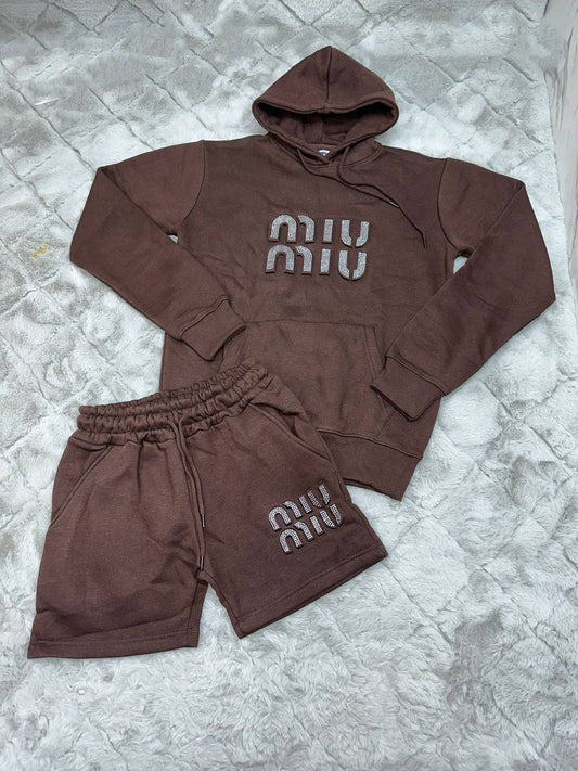 Miu Miu Loungewear Rhinestone Embellished Logo Women's Hoodie & Shorts Set Brown Reps Sale UK Best Quality AAA Replica