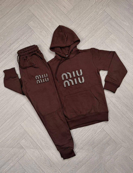 Miu Miu Embossed Logo Fleece Women's Tracksuit Brown Reps Sale UK Best Quality AAA Replica