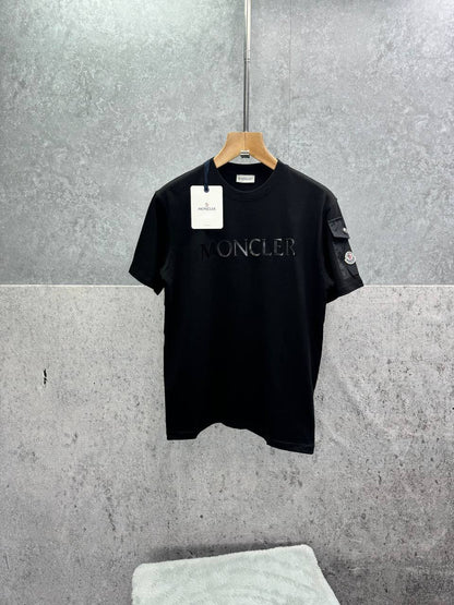Moncler Embossed Logo Cotton Jersey Sleeve Pocket T-Shirt Men's Women's in 2 Colors Reps UK Best Quality Sale AAA Replica