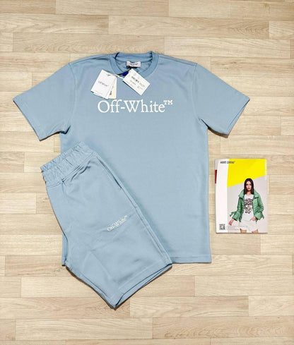 Off-White Big Bookish Logo Short Sleeve Men's T-Shirts & Shorts Set in Light Blue Color Reps Sale UK Best Quality Sale AAA Replica