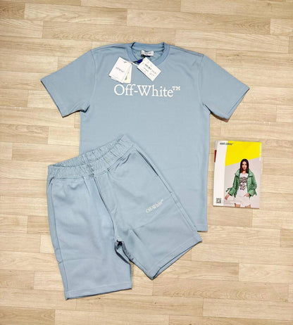 Off-White Big Bookish Logo Short Sleeve Men's T-Shirts & Shorts Set in Light Blue Color Reps Sale UK Best Quality Sale AAA Replica