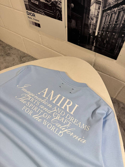 Amiri Spirit Logo T-Shirts Men's Women's in Light Blue Color Reps Sale UK Best Quality AAA Replica