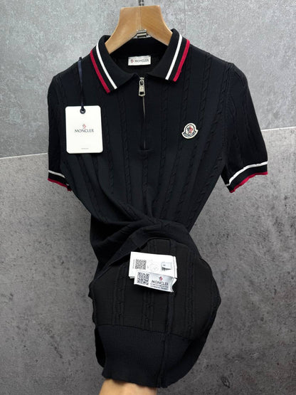 Moncler Tricolour-Trimmed Logo Patch Knitted Polo Shirts Men's in 2 Colors Reps UK Best Sale Quality AAA Replica