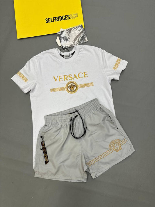 Versace White & Gold Greca Medusa Crest T-Shirt & Shorts Set White/Grey Men's Reps Sale UK Best Quality AAA Replica
