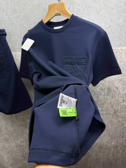 Loewe Relaxed Fit Anagram Embroidery Pocket Short Sleeve T-Shirts & Shorts Set in Navy Blue Color Men's Reps Sale UK Best Quality AAA Replica