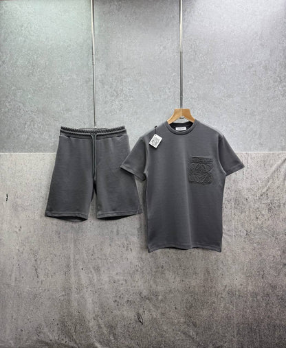 Loewe Relaxed Fit Anagram Embroidery Pocket Short Sleeve T-Shirts & Shorts Set in Grey Color Men's Reps Sale UK Best Quality AAA Replica
