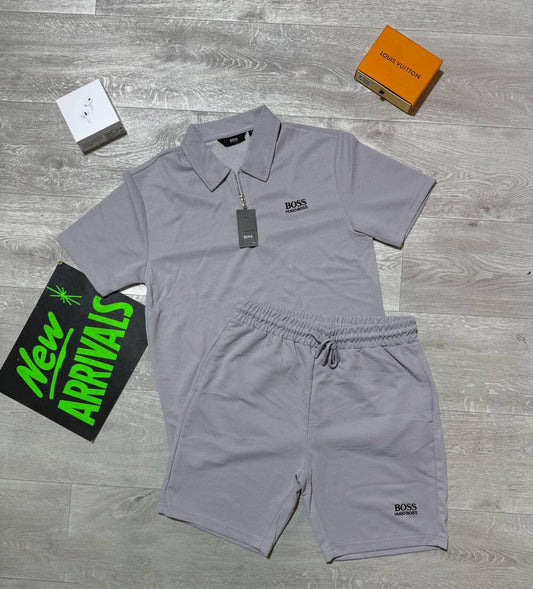 Hugo Boss Quarter-Zip Polo Shirts & Shorts Set in Grey Color Men's Reps Sale UK Best Quality AAA Replica