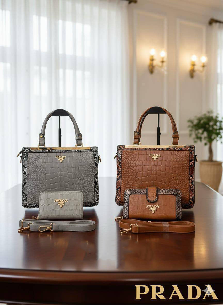 Prada Inspired Croc Embossed Mixed Media Tote Bag and Wallet Set in 2 Colors Women's Reps Sale UK Best Quality AAA Replica