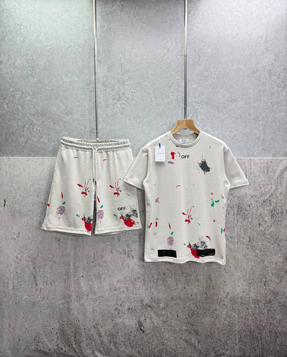 Off White Distressed Paint Splatter Men's T-Shirts & Shorts Set in 2 Colors Reps Sale UK Best Quality Sale AAA Replica