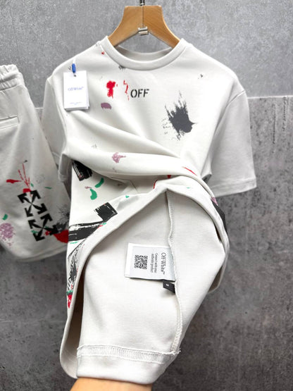 Off White Distressed Paint Splatter Men's T-Shirts & Shorts Set in 2 Colors Reps Sale UK Best Quality Sale AAA Replica
