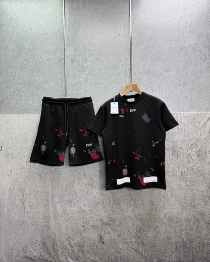 Off White Distressed Paint Splatter Men's T-Shirts & Shorts Set in 2 Colors Reps Sale UK Best Quality Sale AAA Replica