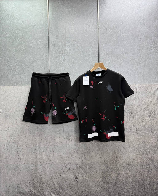 Off White Distressed Paint Splatter Men's T-Shirts & Shorts Set in 2 Colors Reps Sale UK Best Quality Sale AAA Replica