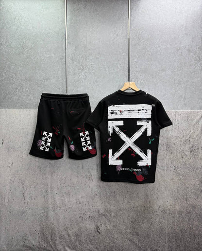 Off White Distressed Paint Splatter Men's T-Shirts & Shorts Set in 2 Colors Reps Sale UK Best Quality Sale AAA Replica