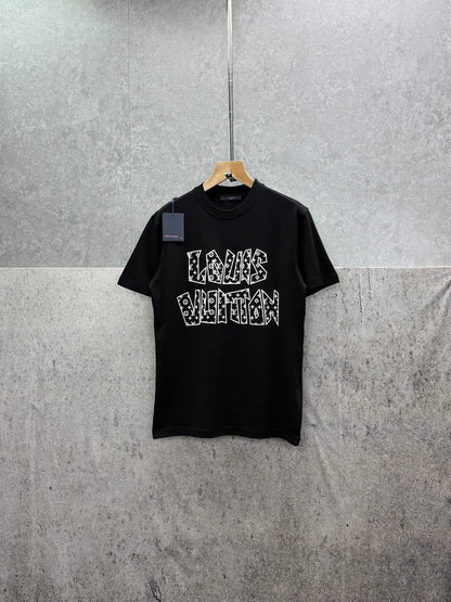 Louis Vuitton Signature Print T-Shirts Men's Women's in Black Color Reps Sale UK Best Quality AAA Replica