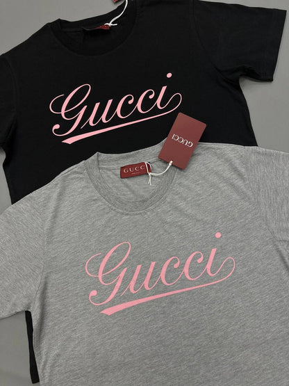 Gucci Pink Logo Print Cotton Men's Women's T-Shirts in 2 Colors Reps Sale UK Best Quality Sale AAA Replica
