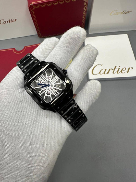 Cartier Santos Skeleton Black Silver Dial Watch Men's Reps Sale UK Best Quality AAA Replica