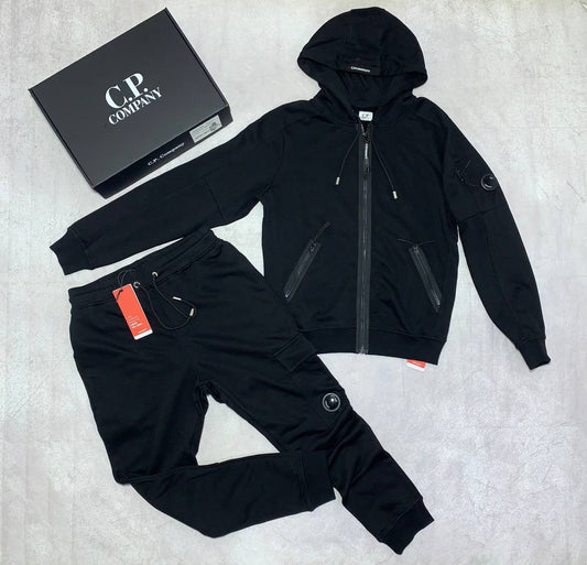 C.P. Company Diagonal Raised Fleece Full-Zip Tracksuit Featuring Goggle Hoodie and Matching Sweatpants with brand's Signature "Lens" Detail on a Sleeve & Pocket