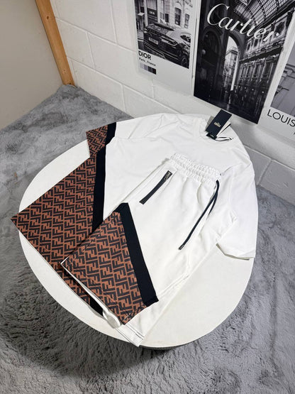 Fendi Men's Diagonal FF Jacquard Lounge Set in White & Tobacco Reps UK Best Quality Sale AAA Replica
