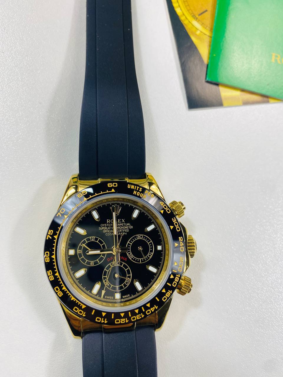 Rolex Cosmograph Daytona Reference 116518LN Yellow Gold Black Index Dial Rubber Strap Reps UK Best Quality Reps AAA Replica
