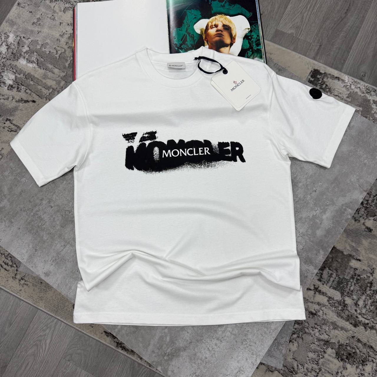 photo 5776275549478129260 y Moncler Spray Print Logo t-shirt AAA replica UK - men's women's 2 colours designer reps sale