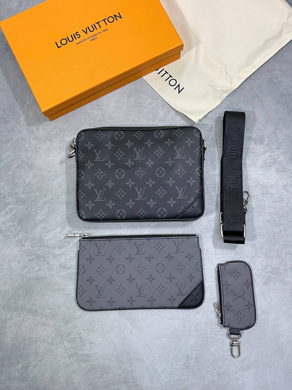 photo 5780798442098592852 y Louis Vuitton Trio Messenger bag Monogram Eclipse black grey AAA replica UK - men's designer reps sale