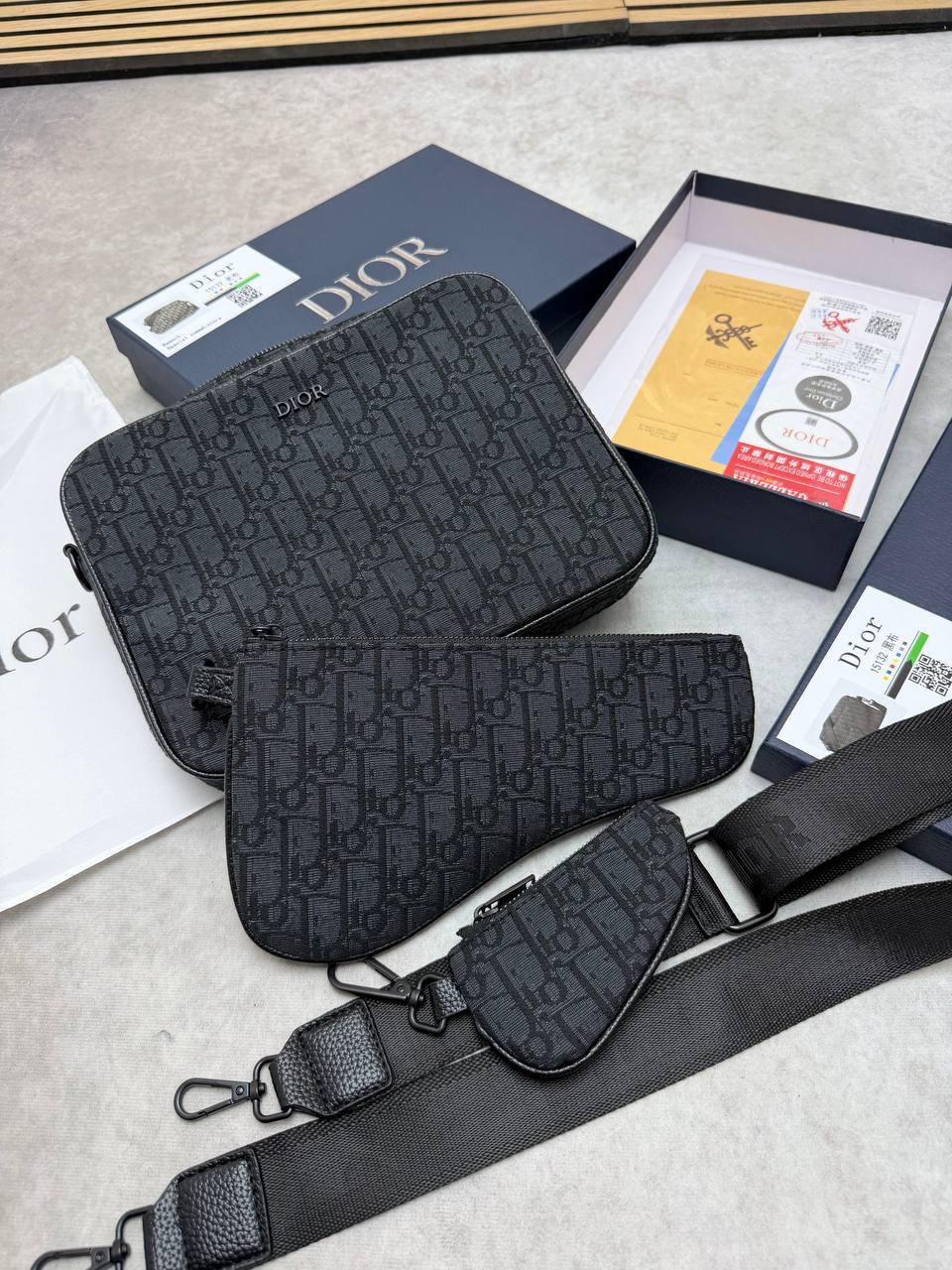 photo 5816801731306786087 y Dior Oblique Jacquard black saddle triple pouch messenger AAA replica bag UK — men's designer reps sale