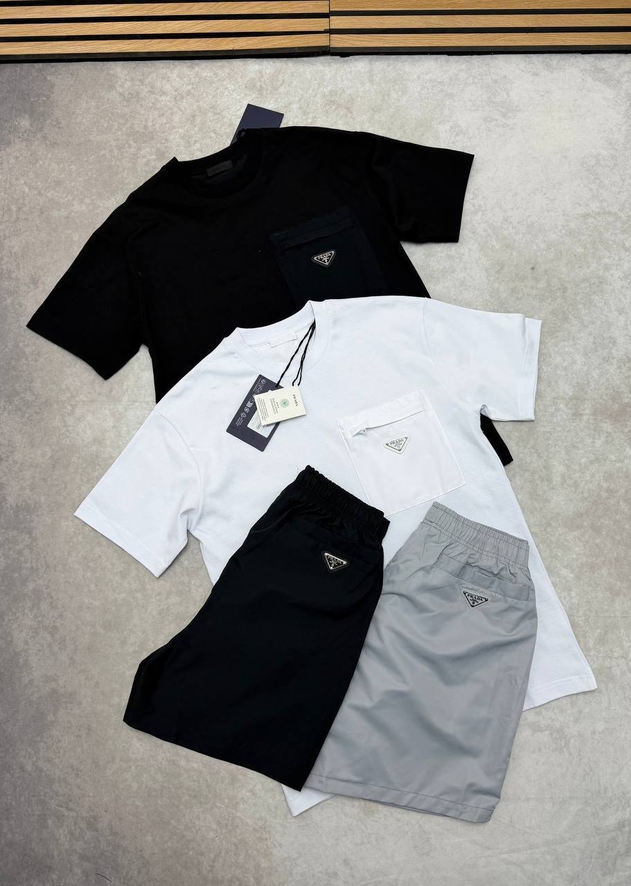photo 5816801731306786117 y Prada Triangle logo pocket t-shirt shorts set men's AAA replica UK — different colours designer reps sale