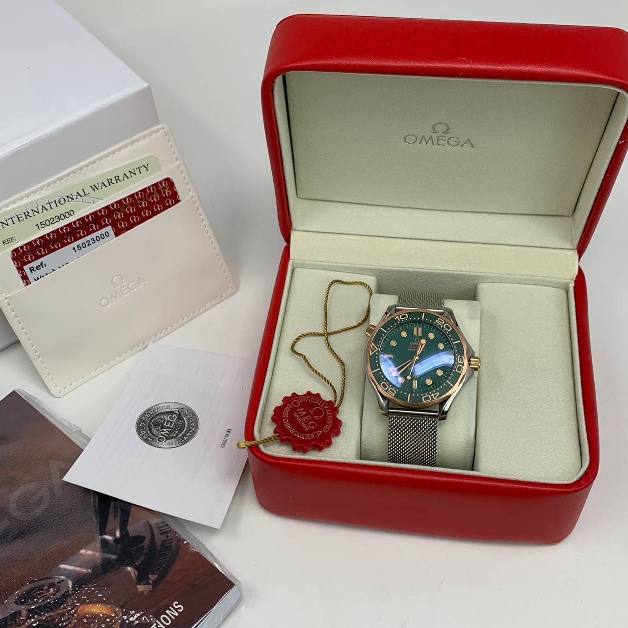 photo 5816801731306786549 y Omega Seamaster Diver Co-Axial Master Chronometer green golden dial AAA replica watch UK — men's Omega reps