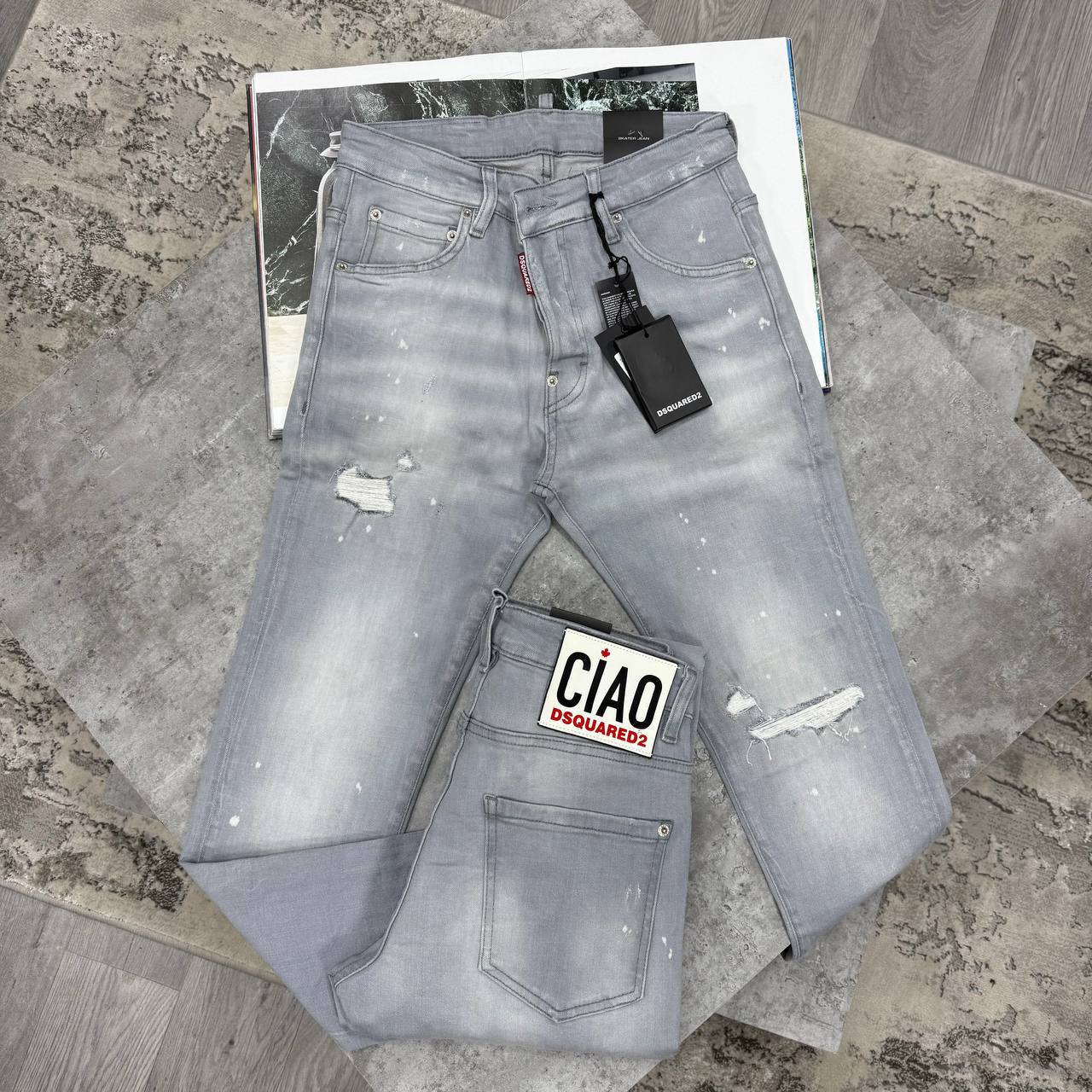 photo 5821087451538199409 y Dsquared2 Ciao Edition slim fit distressed light grey AAA replica jeans UK — men's designer reps sale