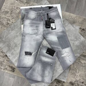 Dsquared2 patched denim slim fit distressed light grey AAA replica jeans UK designer reps sale