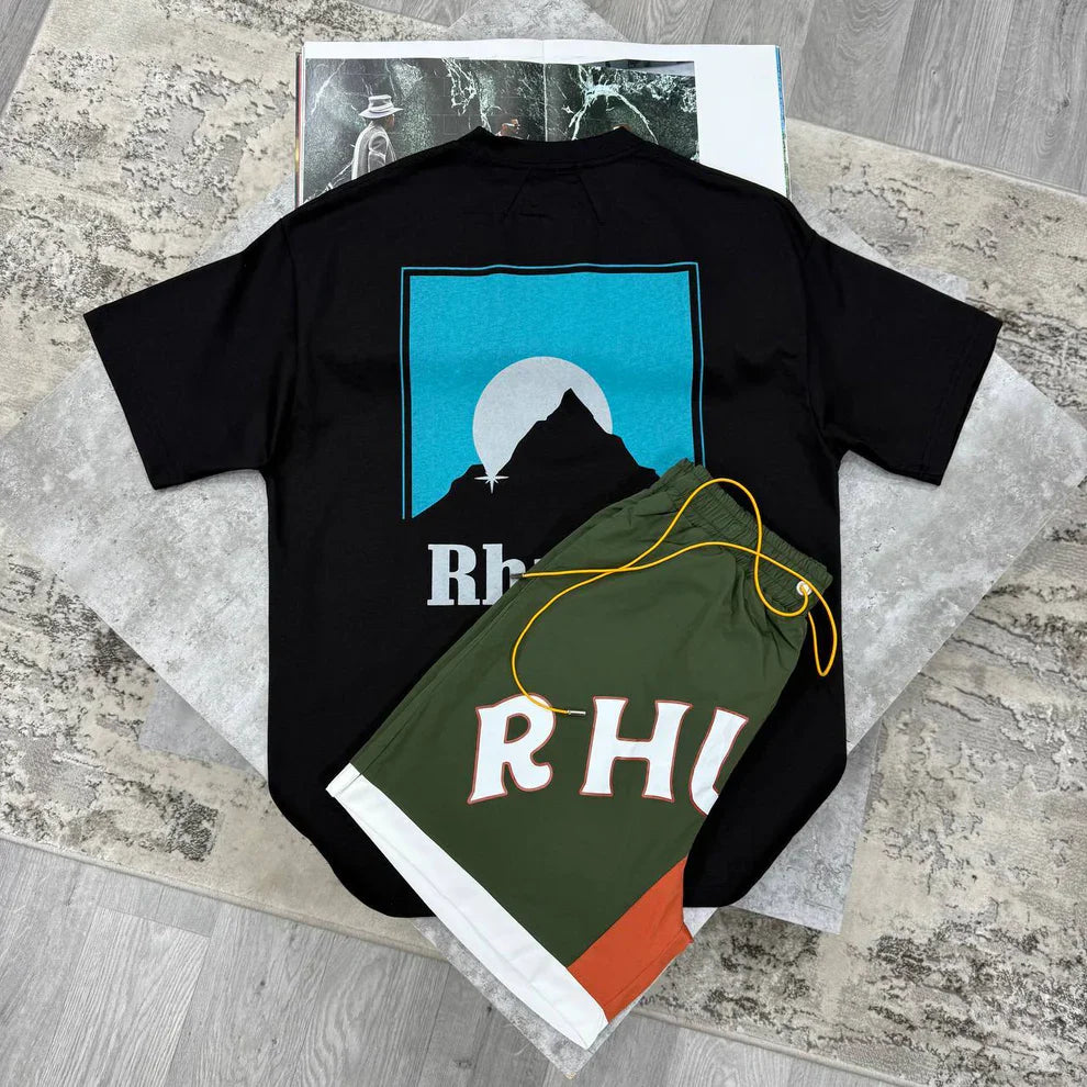 photo 5821087451538199435 y Rhude Moonlight designer short-sleeve t-shirt and shorts set different colours AAA replica UK men's reps