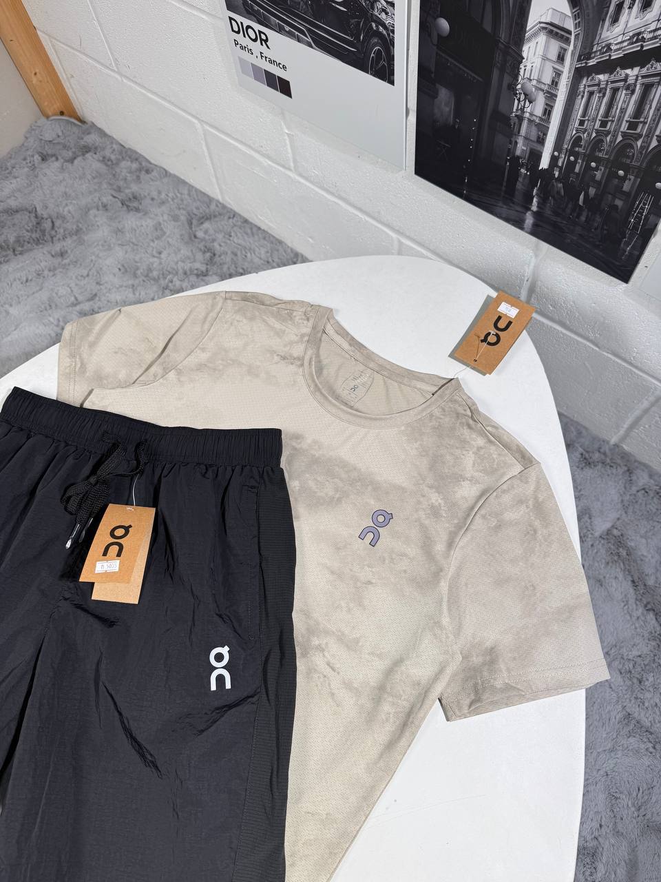 photo 5821087451538199693 y On Running Cloud-Wash men's AAA replica t-shirt and shorts set in sand and black colours — UK replica fashion sale