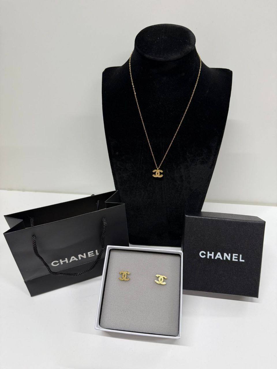 photo 5825510636492885705 y Chanel Classic CC crystal necklace stud earrings gold AAA replica UK - women's designer reps sale