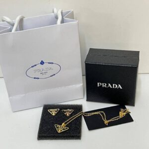 Prada enameled metal triangle logo necklace earrings black gold AAA replica UK - women's designer reps sale