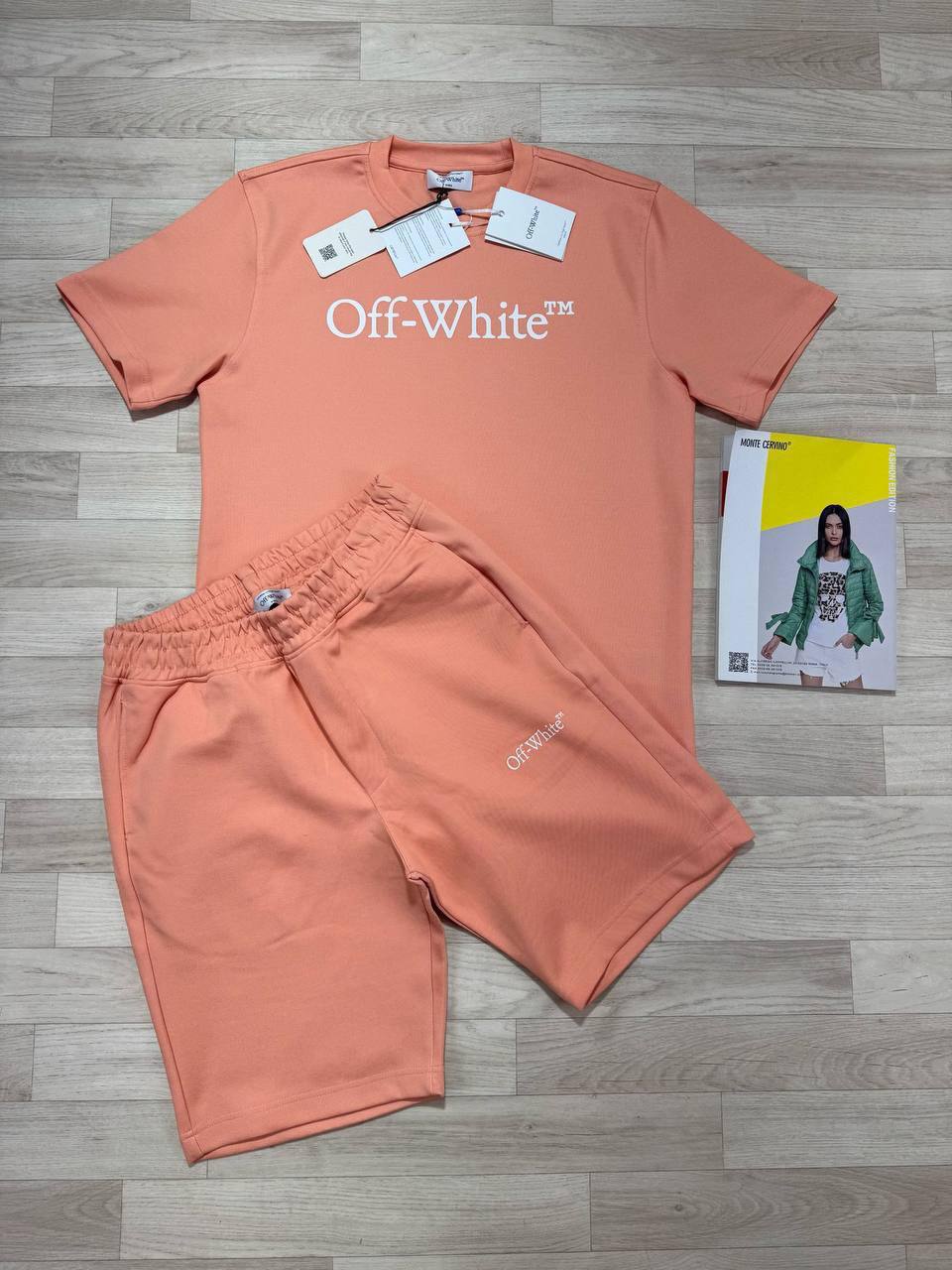 photo 5832710985955872750 y Off-White Big Bookish Logo t-shirt shorts set orange AAA replica UK - men's designer reps sale