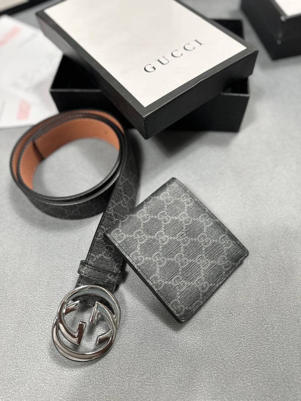 photo 5832710985955872943 y Gucci GG Marmont GG Supreme Canvas belt wallet set black AAA replica UK - men's designer reps sale
