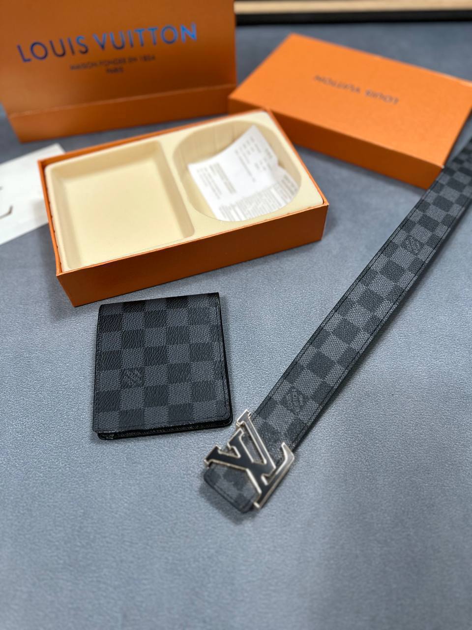 photo 5832710985955872950 y LV Damier Graphite Canvas Silver Black Buckle belt wallet set AAA replica UK - men's designer reps