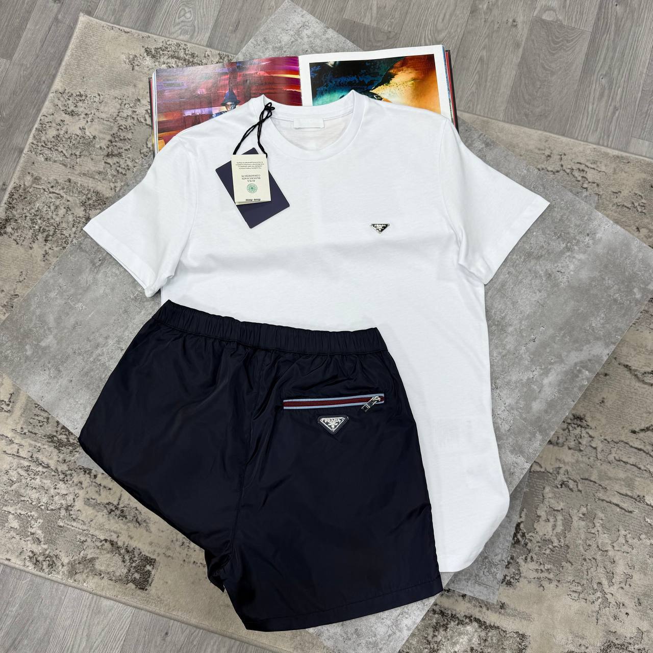 photo 5836835438755253528 y Prada Triangle Logo casual t-shirt shorts set different colours AAA replica UK - men's designer reps