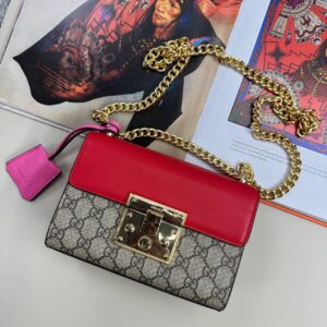 Gucci Red Leather GG Supreme Canvas Small Padlock Shoulder Bag Women's Reps Sale Best Quality AAA Replica