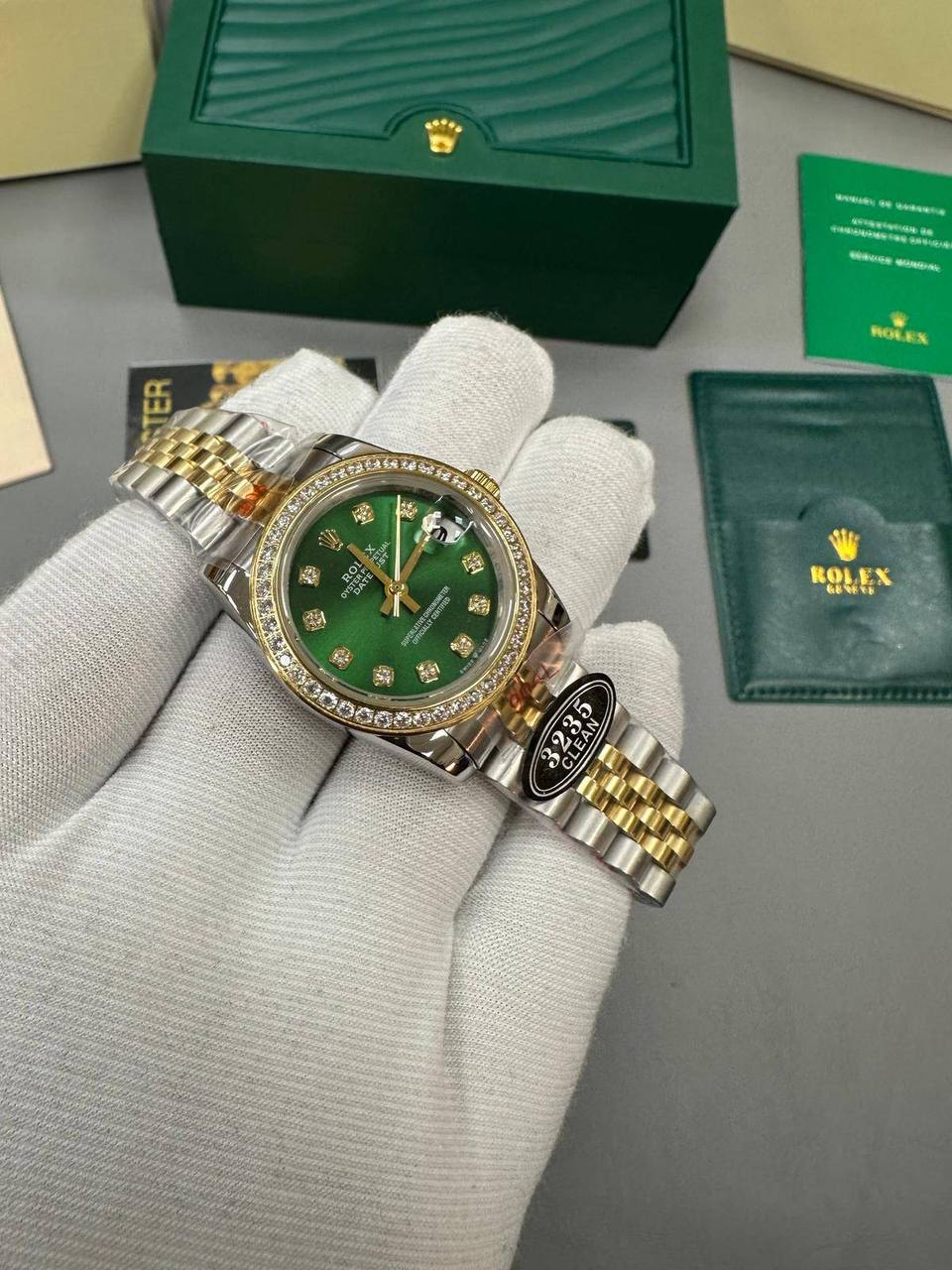 photo 5848330596600450429 y 2.jpg Rolex Lady-Datejust Two Tone 126284RBR Green Dial Diamond Bezel Jubilee Bracelet Women's Watch Reps Sale UK Best Quality AAA Replica