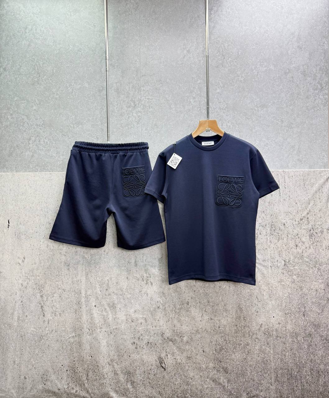 photo 5848330596600450534 y.jpg Loewe Relaxed Fit Anagram Embroidery Pocket Short Sleeve T-Shirts & Shorts Set in Navy Blue Color Men's Reps Sale UK Best Quality AAA Replica