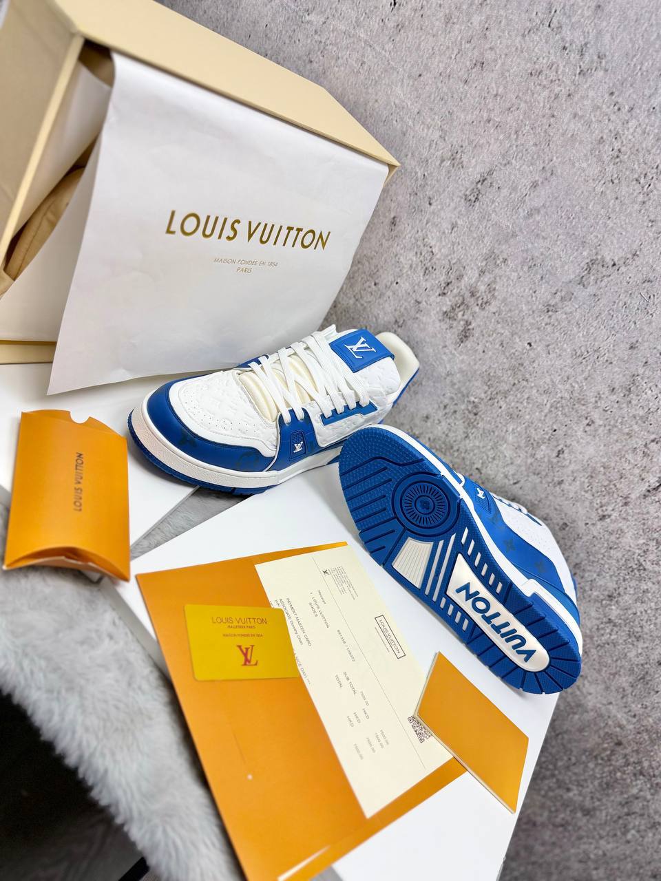 photo 5848330596600450572 y 1.jpg Louis Vuitton LV Monogram Canvas Strap Sneakers in White/Blue Men's Reps Sale UK Best Quality AAA Replica