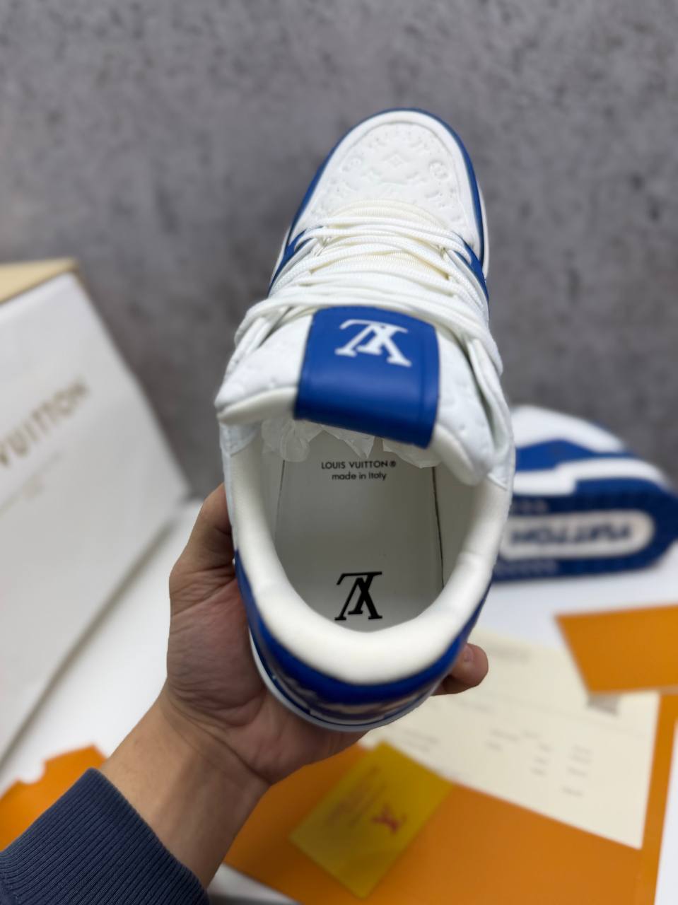 photo 5848330596600450573 y 1.jpg Louis Vuitton LV Monogram Canvas Strap Sneakers in White/Blue Men's Reps Sale UK Best Quality AAA Replica